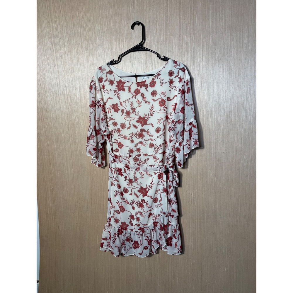 Rebecca Minkoff Womens XL Floral Wrap Dress Cream Red Ruffle Flutter Sleeve Mini